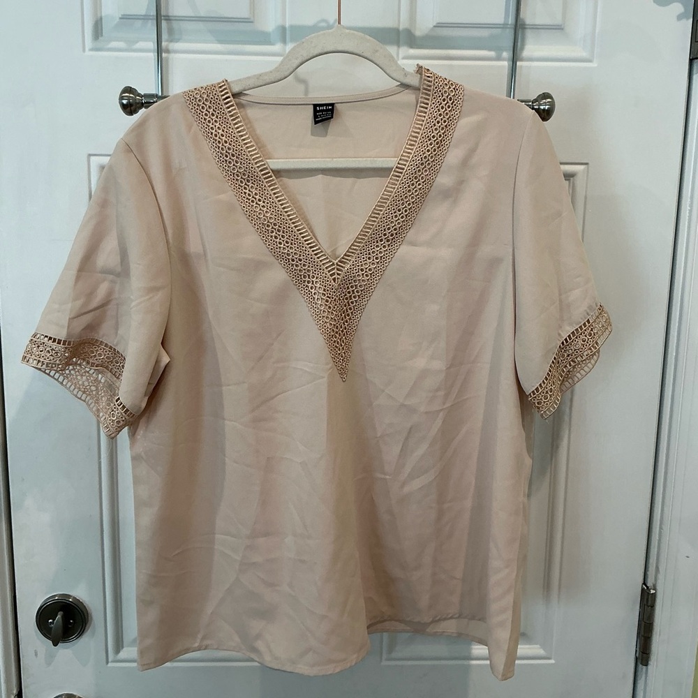 SHEIN Cream V-Neck Crochet Accent Blouse